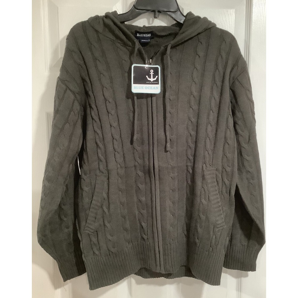 Vintage Y2K Blue Ocean BO Knit Hoodie Size M Gray Deadstock NWT! Full Zip